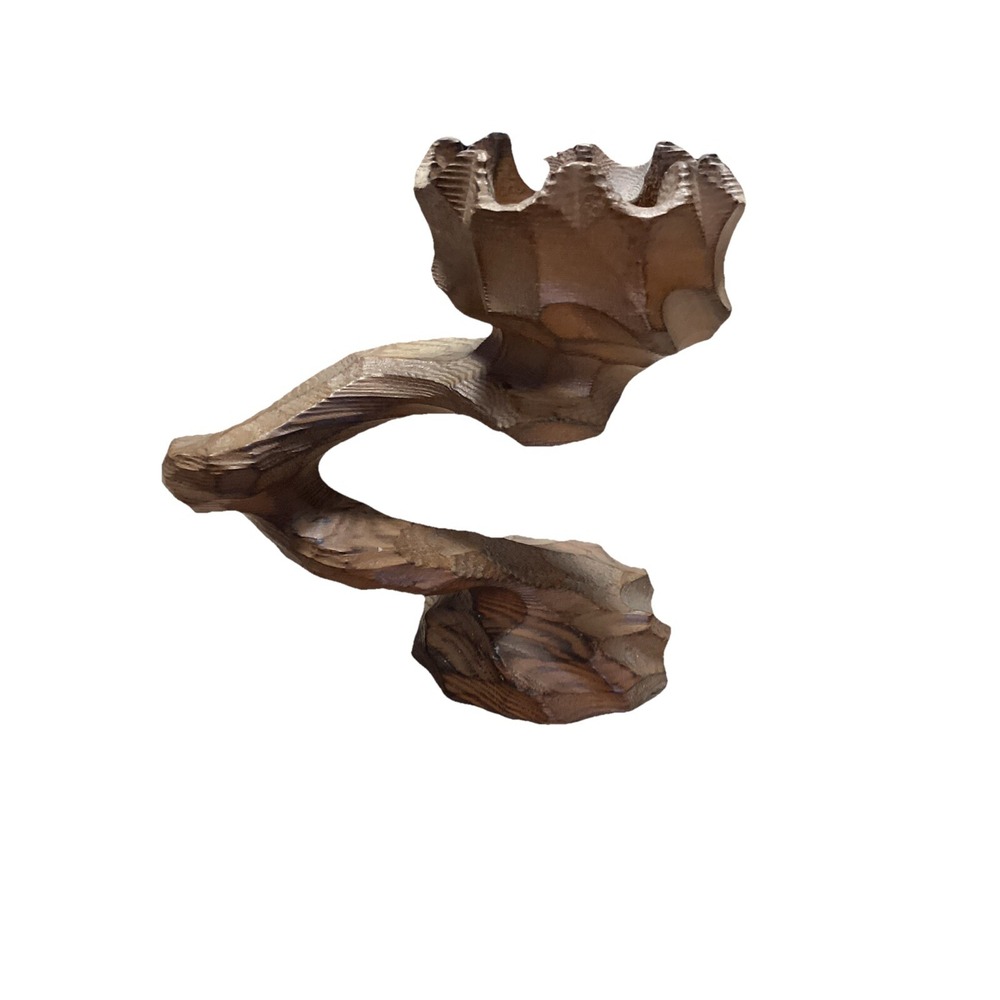 Vintage MCM Brutalist Hand Carved Burl Wood  Asymmetric  Votive Candle Holder 6"